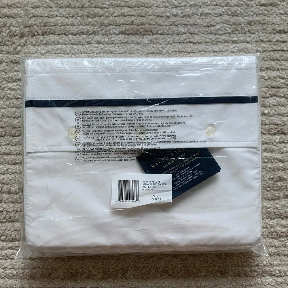 Ralph Lauren Palmer Percale King Flat Sheet 100% Cotton White Navy NWT